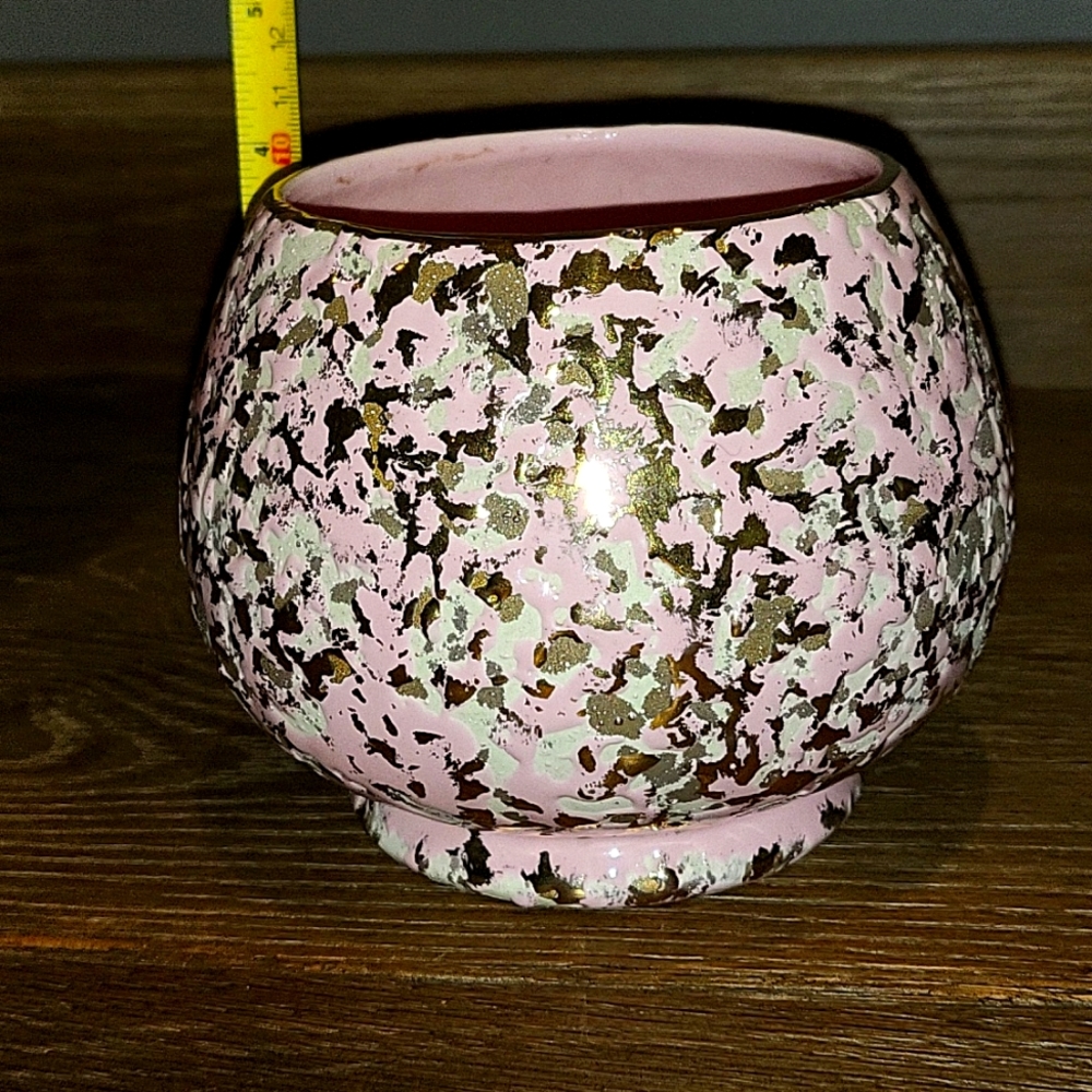 Vintage Shafer 23K Gold Speckled Pink and White Small Round Vase Planter